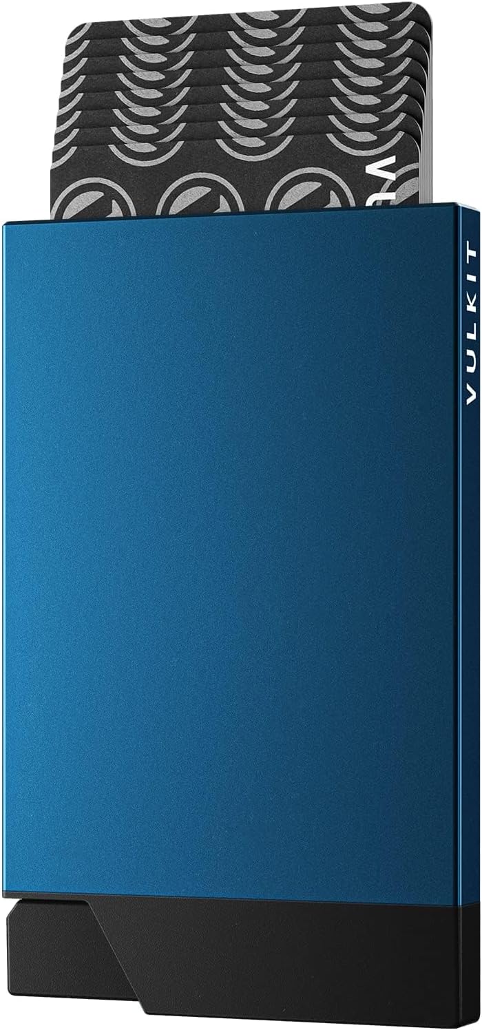 VULKIT Pop up Card Holder Minimalist Credit Card Holder RFID Blocking Slim Metal Card Case for Men or Women(Navy)