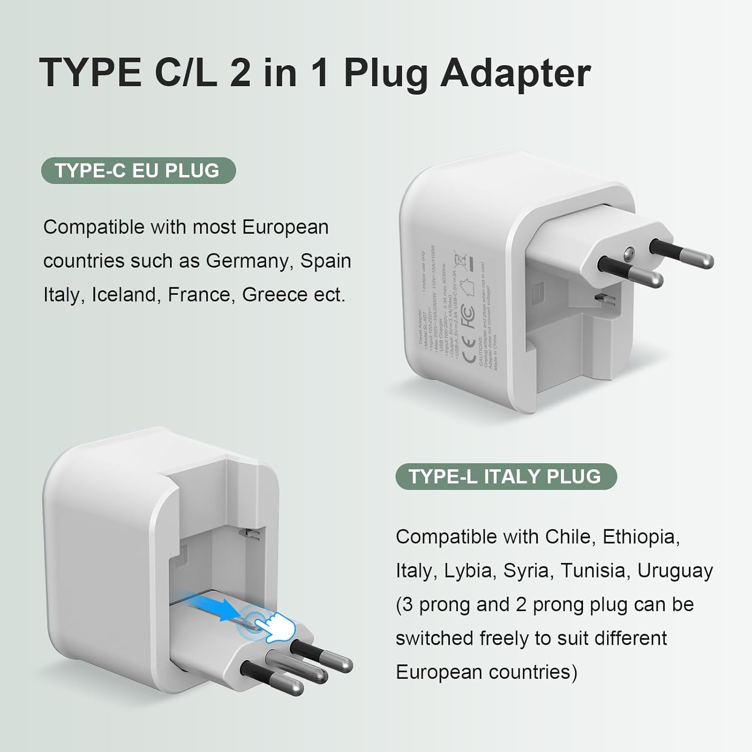 European Travel Plug Adapter, Foldable Power Adapter with 3 USB(1 USB C Port) and 1 AC Outlets, 2 in 1 Type C/L EU Outlet Adapter for US to Most of Europe France Germany Spain Italy(1 Pack)