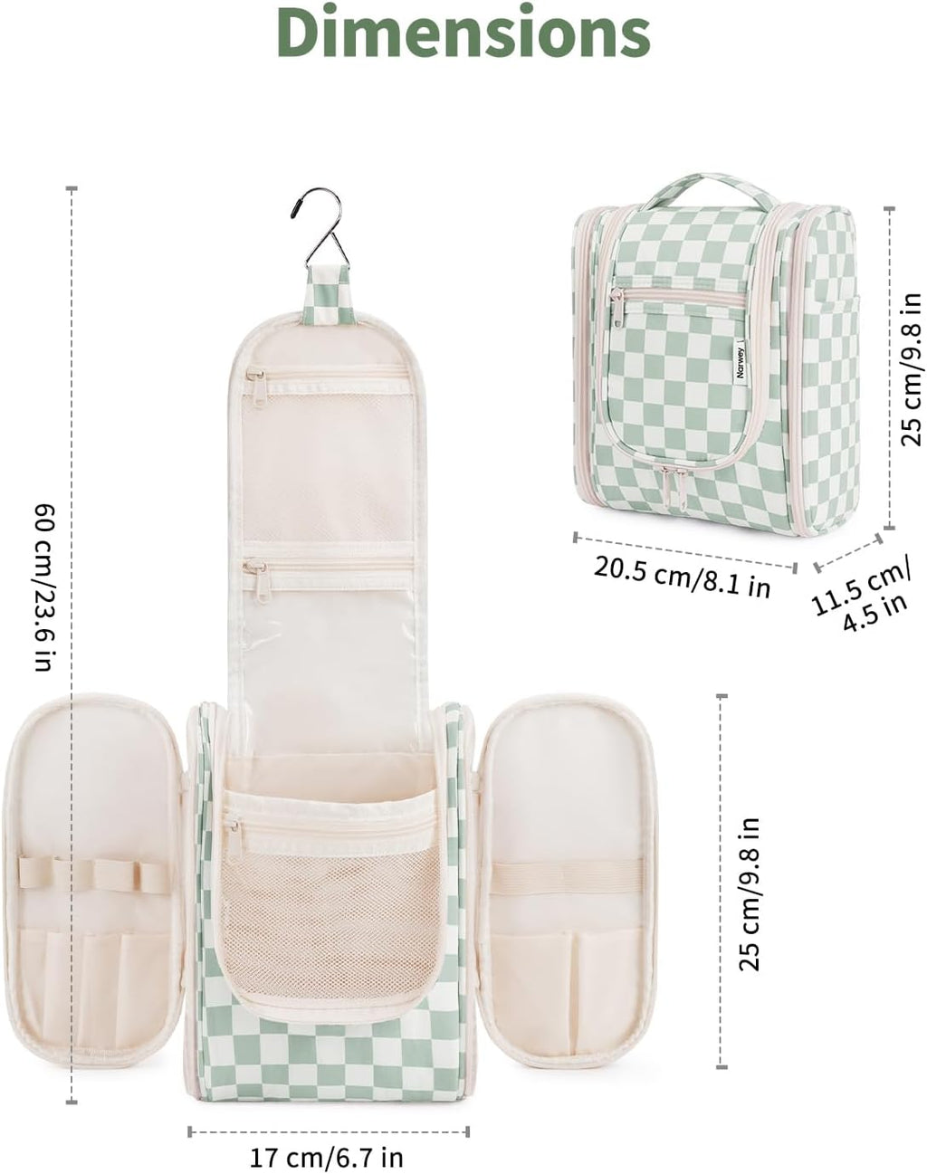 Narwey Small Checkered Hanging Travel Toiletry Bag for Women, Travel Bag for Toiletries, Makeup Bag Organizer Cosmetic Bags Make Up Bags for Women (Mint Green Checkerboard)