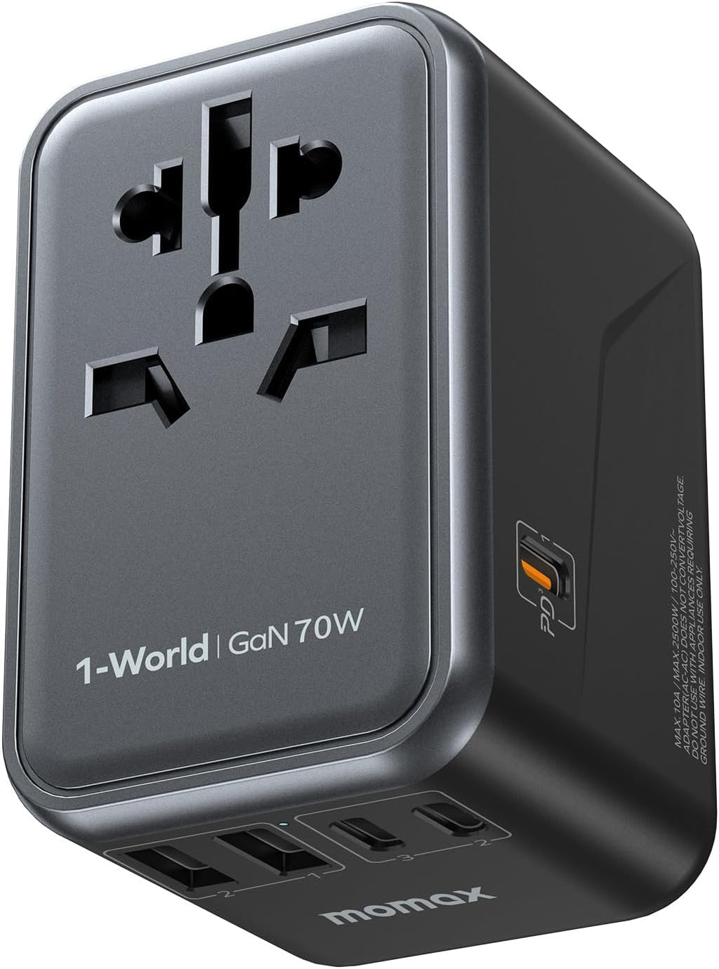 MOMAX Universal Travel Adapter, GaN 70W International Power Adapter, 3 USB-C PD Fast Charging & 2 USB-A QC, 1 AC, All-in-one International Plug Adapter for Travel European UK AUS JP