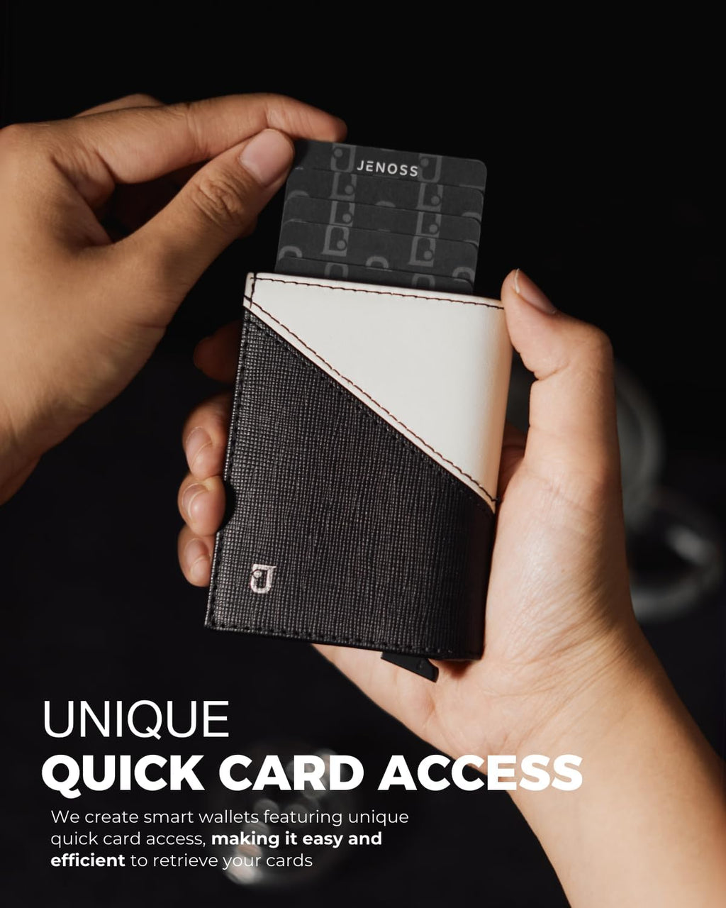 Jenoss Smart Wallet For Men: Full Grain Leather, Handcrafted, Slide Metal Pop Up Case, Slim RFID Blocking Credit Card Holder, Minimalist, Compact 12 Cards Slot Organizers, ID, Money Clip (Black&Cream)