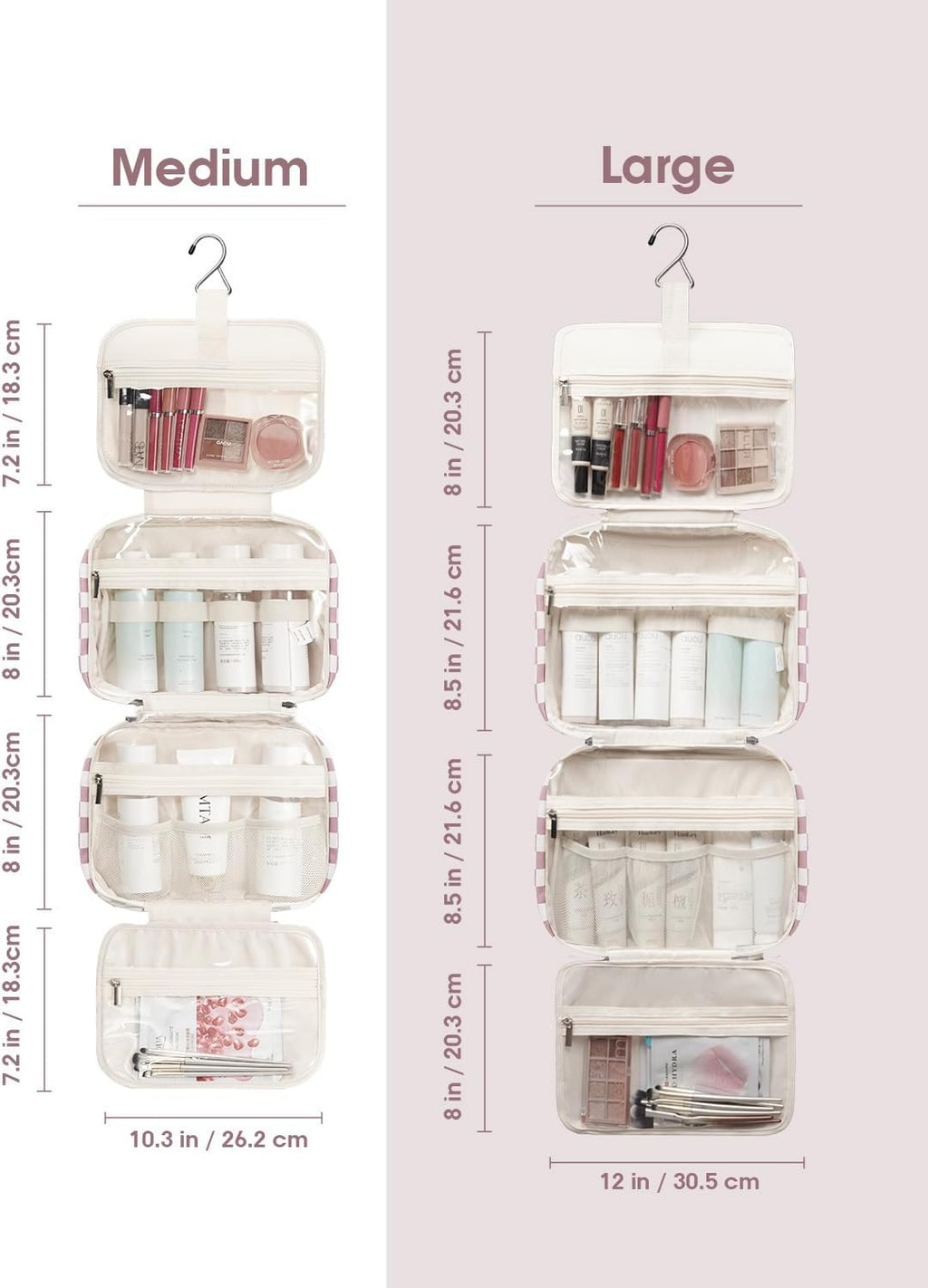 Narwey Hanging Toiletry Bag for Women Travel Makeup Bag Organizer Toiletries Bag for Travel Size Essentials Accessories Cosmetics (Dusty Pink Checkerboard (Medium))