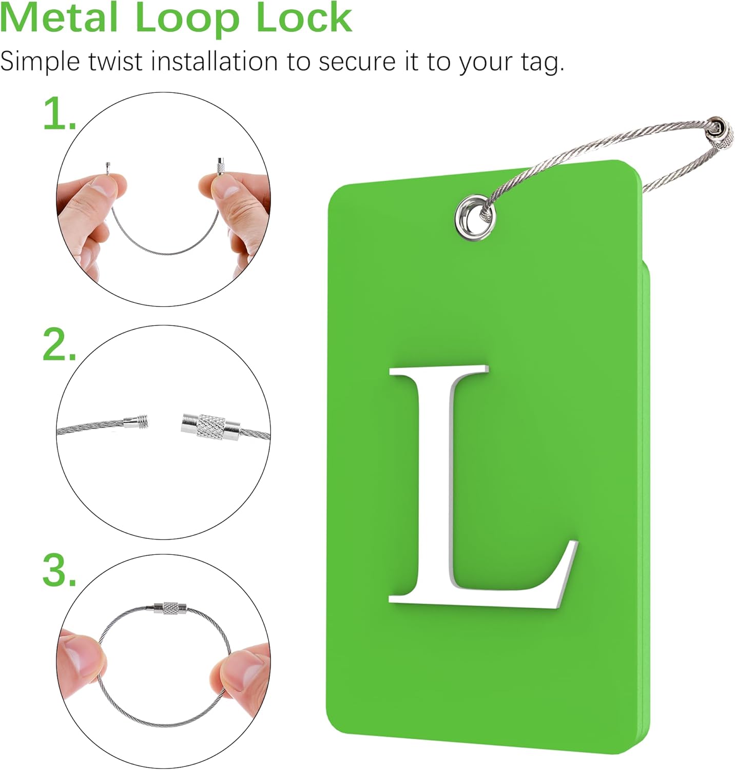 Gostwo 2 Pack Luggage Tags for Suitcases, 26 Initial Letter Travel Luggage Baggage Identification Labels ID Tag Fully Bendable Tags with Stainless Steel Loop (Green) (Letter L)