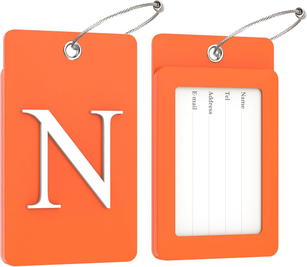 Gostwo 2 Pack Luggage Tags for Suitcases, 26 Initial Letter Travel Luggage Baggage Identification Labels ID Tag Fully Bendable Tags with Stainless Steel Loop (Orange) (Letter N)