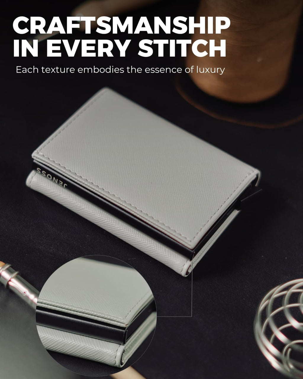 Jenoss Smart Wallet For Men & Women: Full Grain Leather, Handcrafted, Slide Metal Pop Up Case, Slim RFID Blocking Credit Card Holder Minimalist Compact 12 Cards Slot Organizers ID Clip (Grey & Black)