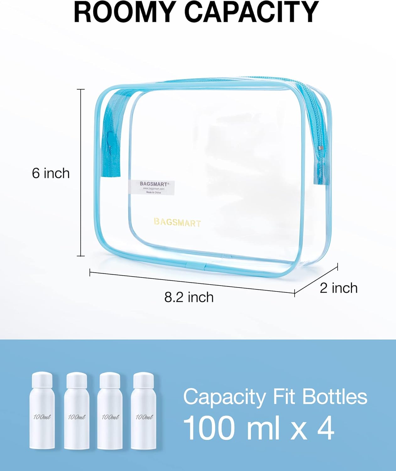 BAGSMART Clear Toiletry Bag, 2 Packs TSA Approved Water Resistant Quart Size Travel Organizer, Airport Airline Travel Essential Carry On Makeup Cosmetic Bags for Women, Blue