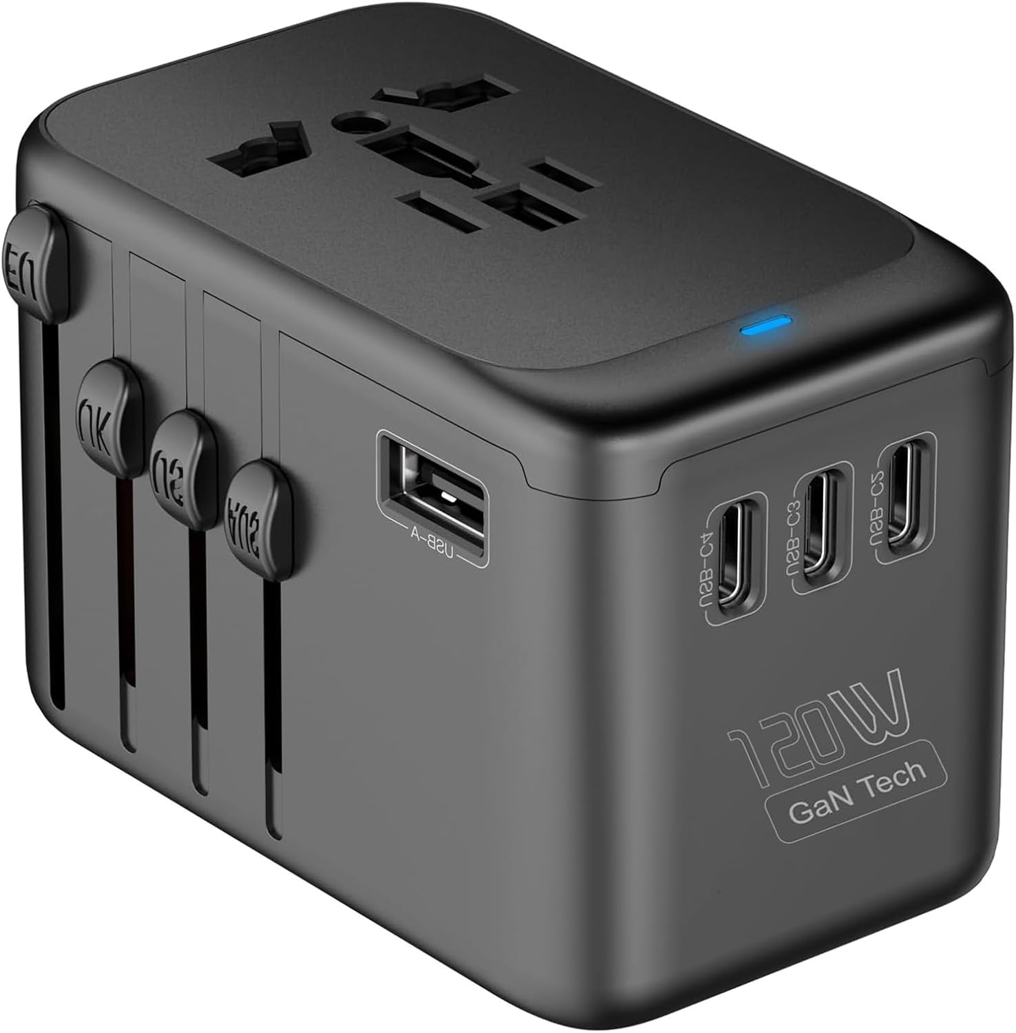 JMFONE Universal Travel Adapter with GaN 120W,International Power Adapter with 4 USB-C+1 USB-A Charging Ports, Worldwide Outlet for US to European Europe UK AUS