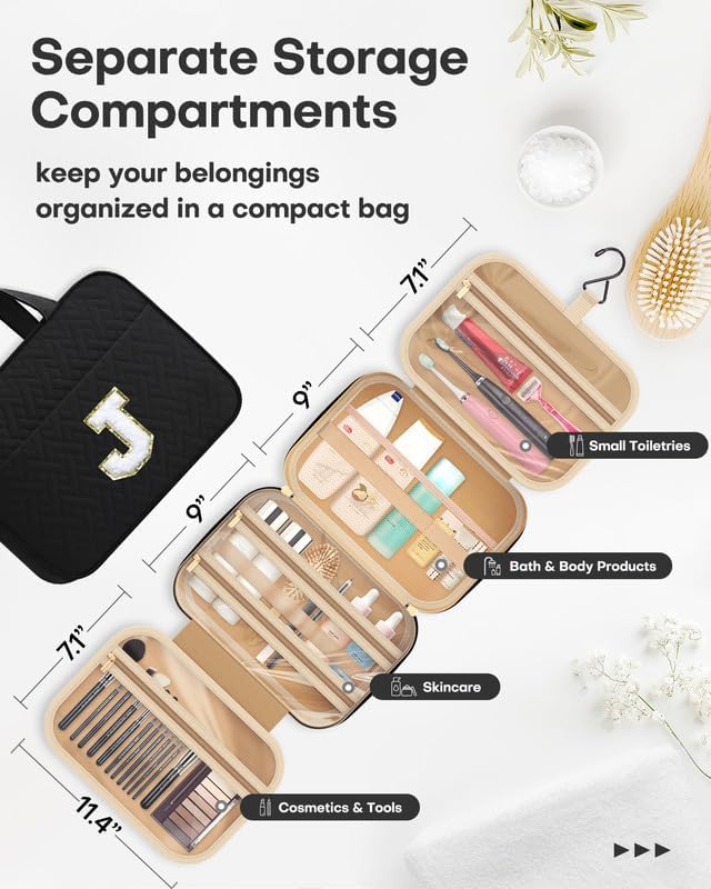 HOTOR Travel Toiletry Bag - Personalized Chenille Initial Makeup Bag, Water-Resistant Personalized Gifts for Women, Portable Travel Accessories & Essentials, Letter J, Black, 11.4"×9.0"×3.35"