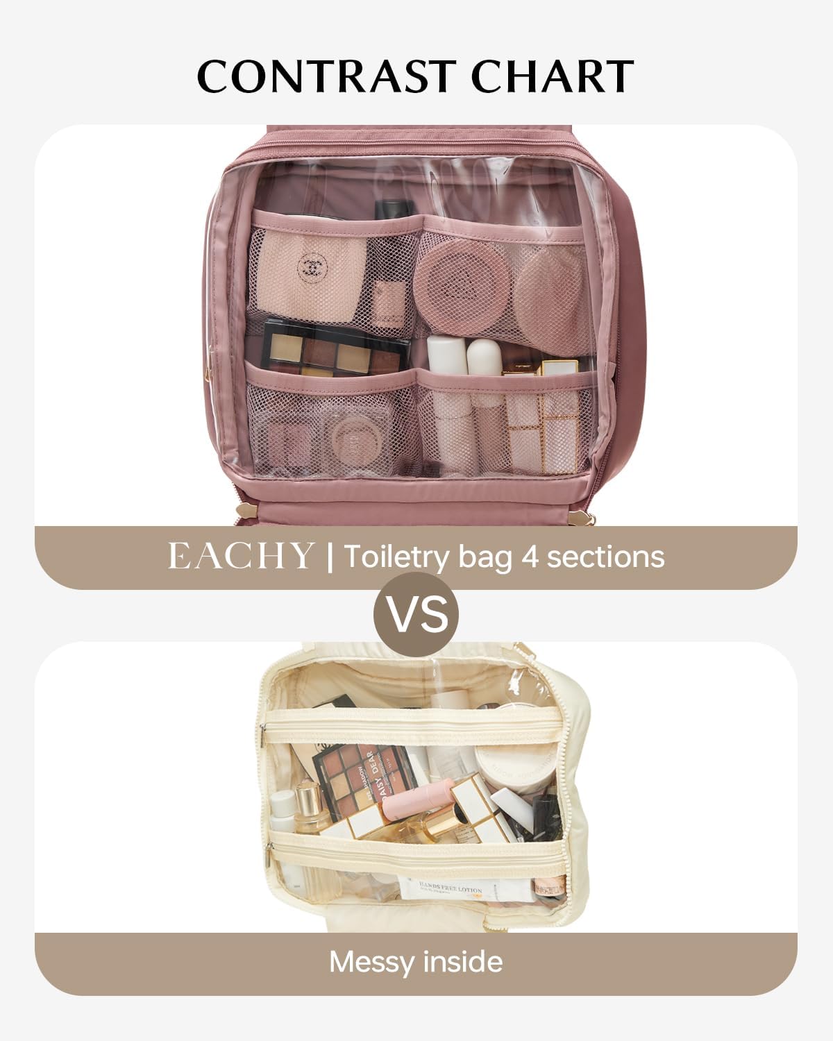 EACHY Hanging Toiletry Bag, Satin 4 Compartments Travel Toiletry Bags for Women, Large Capacity Make Up Organizer Bag with Handle & Compartments (Rose-Pink, L)