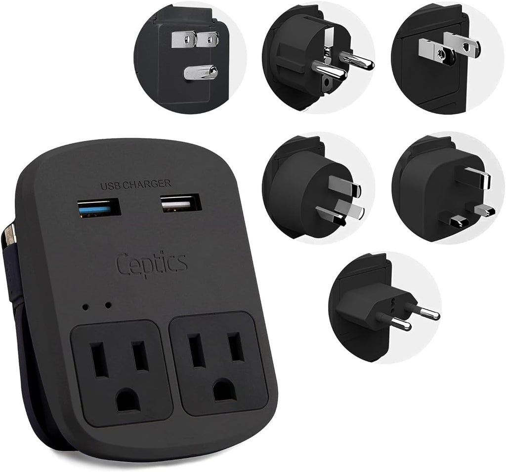 Ceptics World Travel Adapter Kit - QC 3.0 Dual USB + Dual US Outlets, Surge Protection, Perfect For Europe, UK, China, Australia, Japan, Perfect For Laptop, Cell Phones, Cameras - Safe ETL - Black