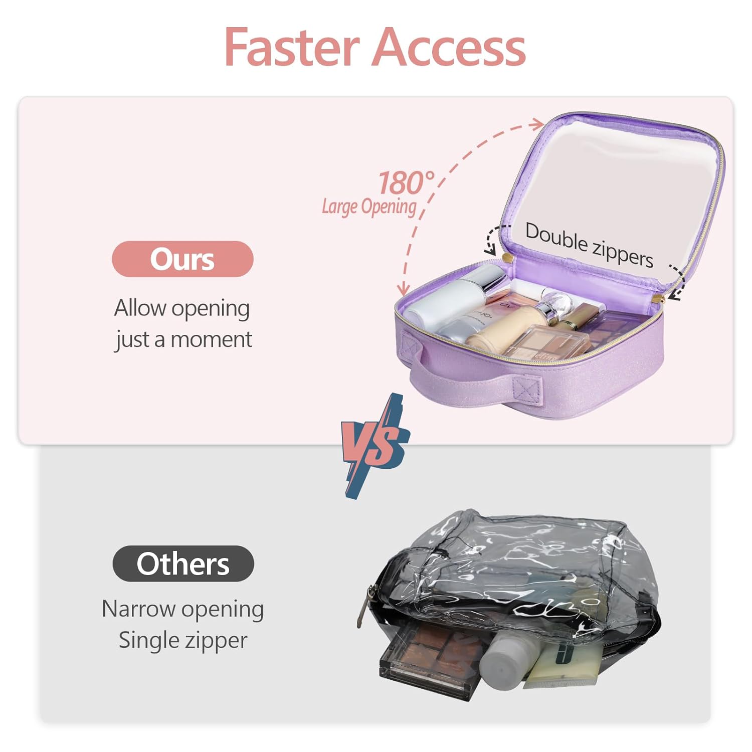 PACKISM TSA Approved Toiletry Bag - Glitter Textured Clear Travel Bag, Personalized and Fashion, with 180° Large Opening and Supporting Frame, Perfect for Travel Essentials, Thick No Smell, Purple