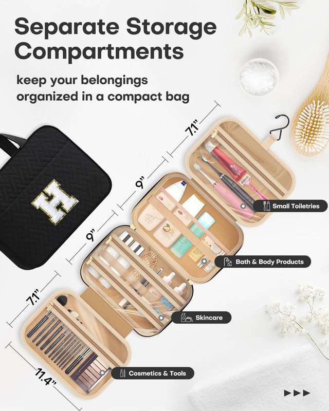 HOTOR Travel Toiletry Bag - Personalized Chenille Initial Makeup Bag, Water-Resistant Personalized Gifts for Women, Portable Travel Accessories & Essentials, Letter H, Black, 11.4"×9.0"×3.35"