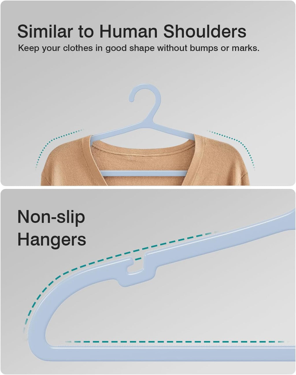 100 Pack Clothes Hangers, Non Slip Plastic Coat Hangers, Space Saving, Heavy Duty, Hanging Dry Wet Clothes, 16.4" x 8.3", Light Blue, UAPY05100L