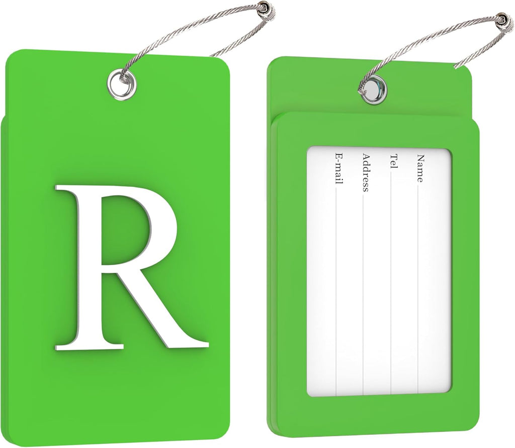 Gostwo 2 Pack Luggage Tags for Suitcases, 26 Initial Letter Travel Luggage Baggage Identification Labels ID Tag Fully Bendable Tags with Stainless Steel Loop (Green) (Letter R)