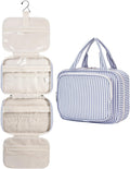 Narwey Striped Hanging Toiletry Bag for Women Travel Makeup Bag Organizer Toiletries Bag for Travel Size Essentials Accessories Cosmetics (Greyish Blue Stripe (Medium))