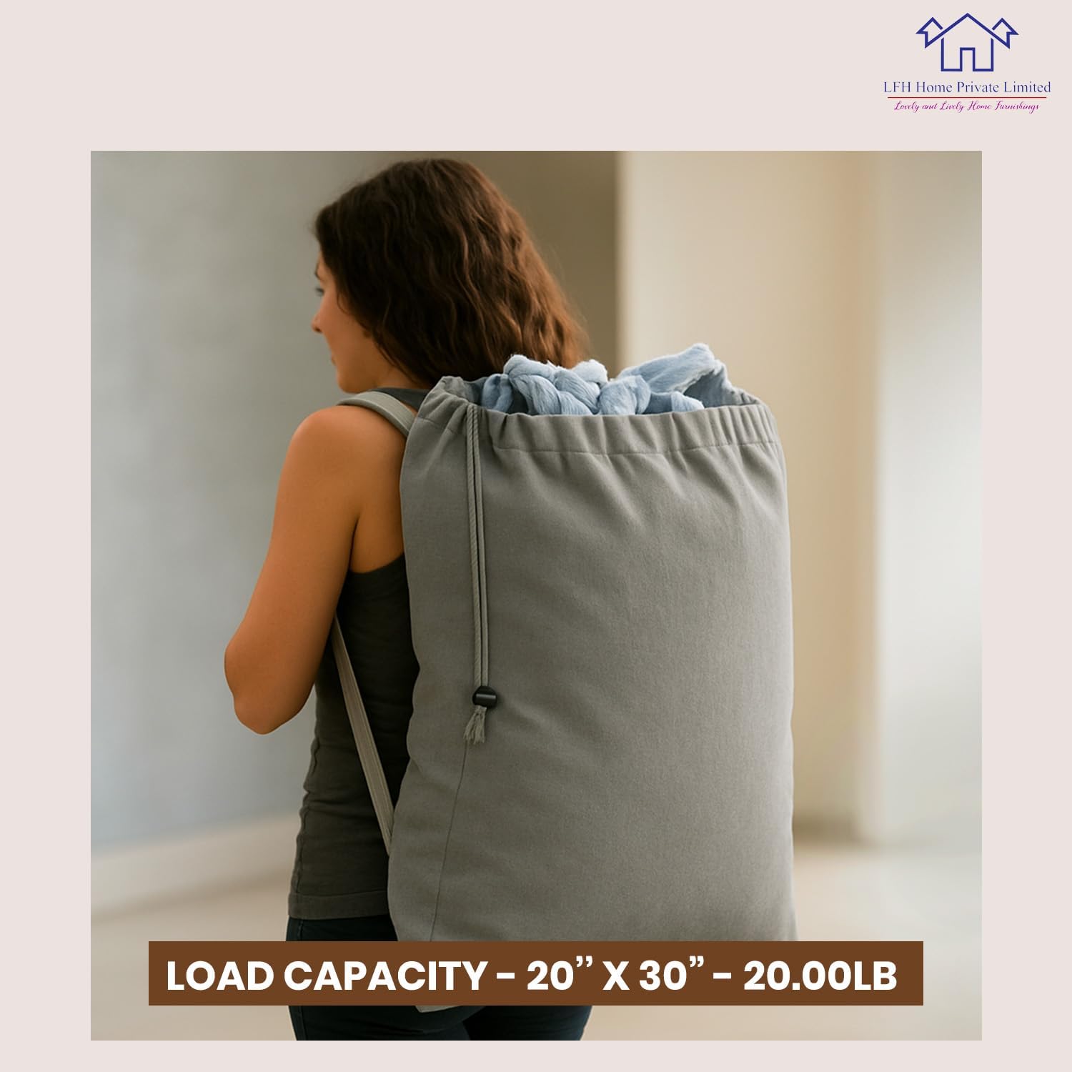 LFH Home Cotton Canvas Large Laundry Bag with Handle, Heavy Duty Drawstring Closure Washable Laundry Bags, School Travel, Home, Hotel, College Dorm, Organizer Sack, Toys Clothes 20x30-Grey