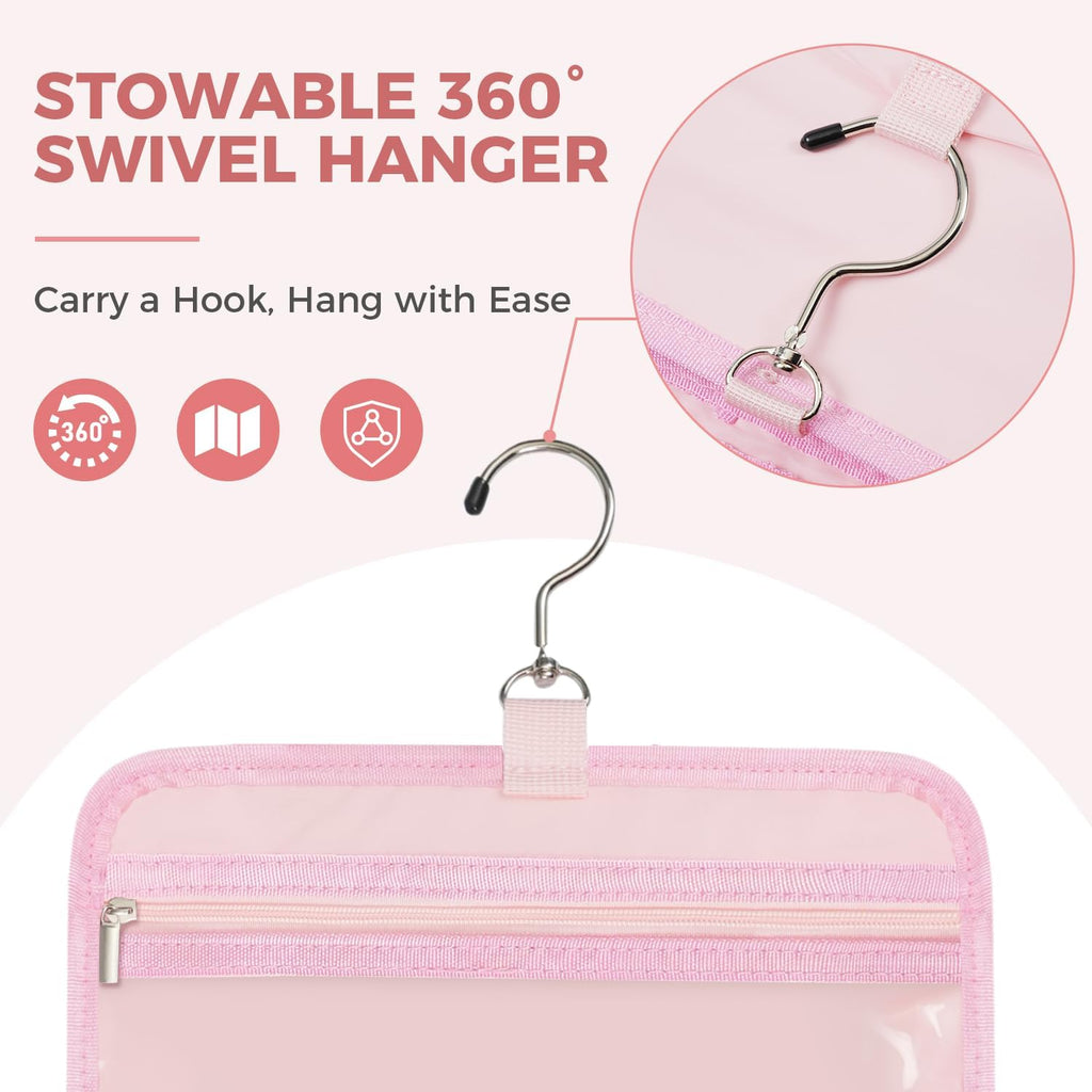 Toiletry Bag For women,Portable Hanging Organizer,4 Leakproof Compartment for full-sized Conditioner, Brushes Set, Makeup Accessories,Visible and easy to access.M-pink