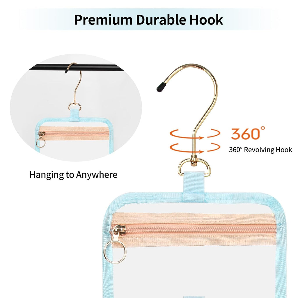 CUBETASTIC Hanging Travel Toiletry Bag, Clear Makeup Bag, Transparent 3 Comparment Small Travel Bag Cosmetic Organizer Case Portable Skincare Pouch with Handle (Blue, Small (Pack of 1))