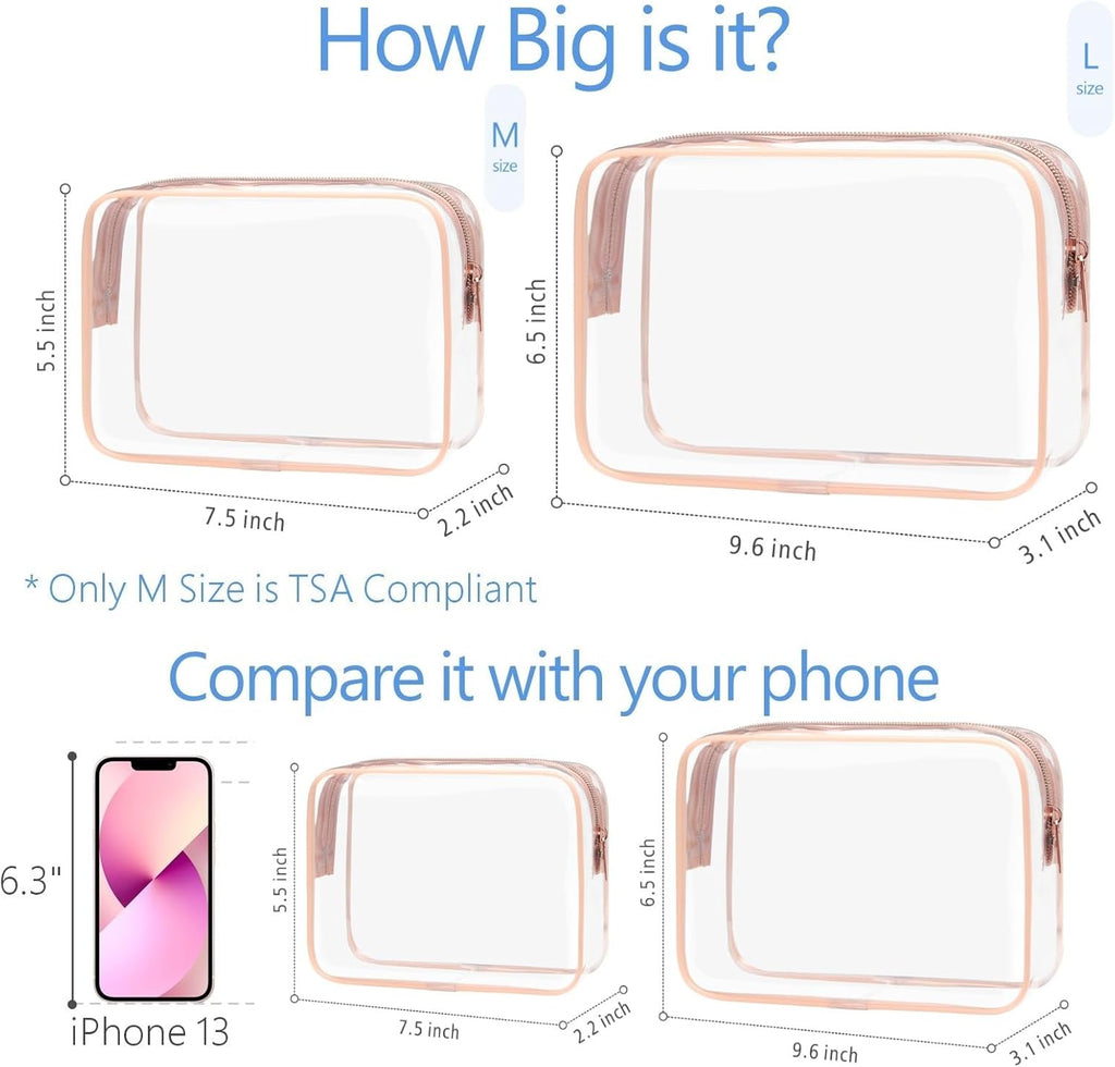 PACKISM TSA Approved Toiletry Bag - Clear Makeup Bags in 2 Size, Durable with Supporting Frame, Perfect for Travel Essentials, Carry-on Airport Airline Compliant Bag, Rose Pink