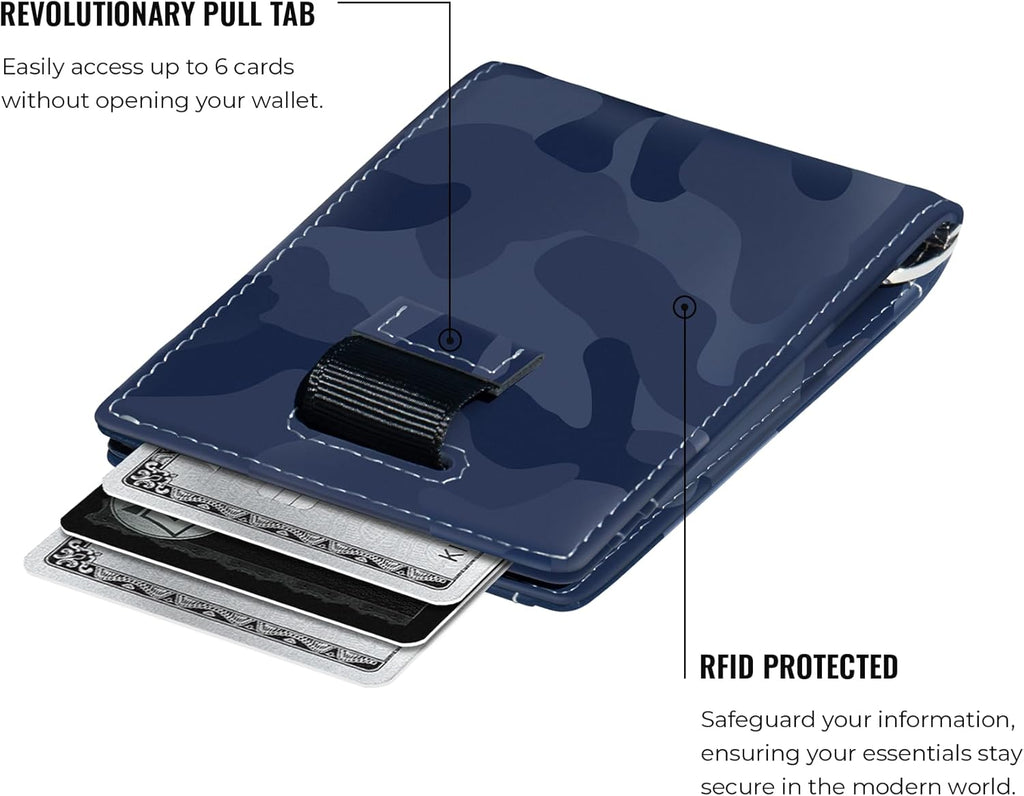Kings Loot Money Clip Slim Minimalist Wallet for Men | RFID Blocking Leather Design with Money Clip | Front Pocket Bifold Holds 12 Cards | Stylish & Compact Wallets (Camo Blue)