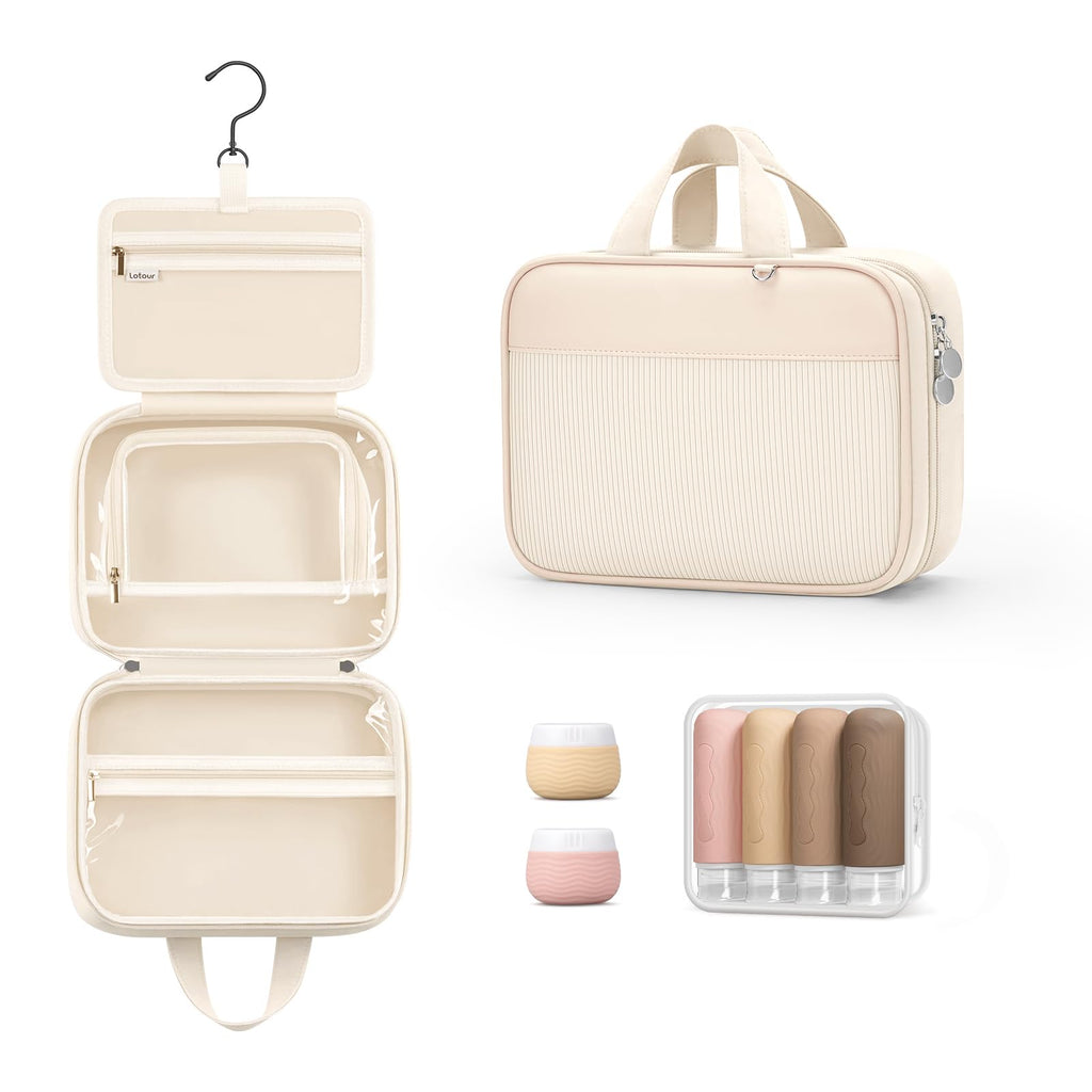 Lotour Travel Toiletry Bag for Women with Travel Size Silicone Containers Set, Hanging Toiletry Bag for toiletries, Cosmetic Bag Travel Organizer (White)