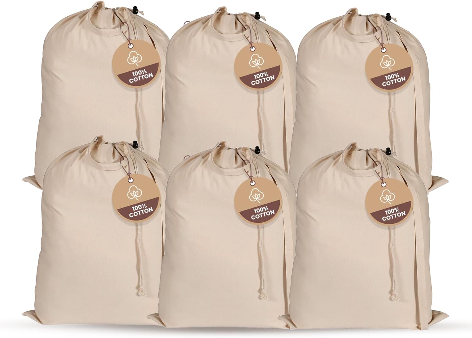 LFH Home Large Premium 100% Cotton Canvas Laundry Bag with Drawstring and Handles Heavy Duty, Multi-Use, and Washable for Home, Travel, College or Storage 28x36 (Pack of 6)-Natural