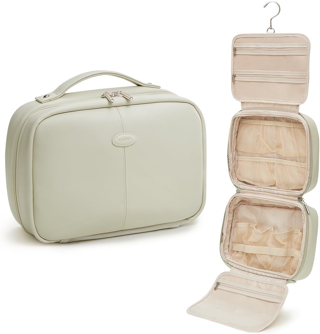 EACHY Toiletry Bag with Hanging Hook, Travel Makeup Bag PU Leather Cosmetic Bags for Women Make Up Organizer with 4 Compartments Waterproof Full-Size Portable Travel Essentials (Fog Green，Pro)