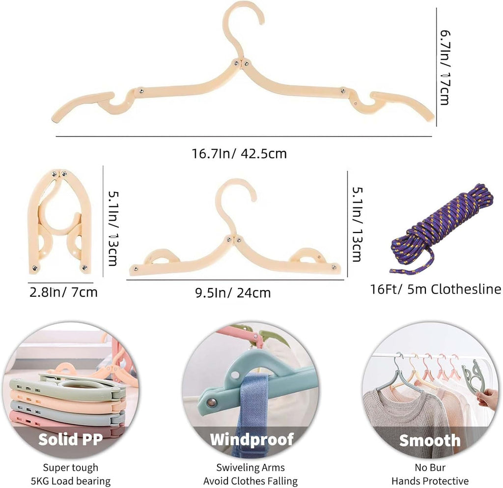 20 Pcs Foldable Travel Hangers - Portable Folding Collapsible Clothes Hangers Lightweight Travel Accessories Foldable Clothes Drying Rack Dorm Hanger for School Home with Clothesline