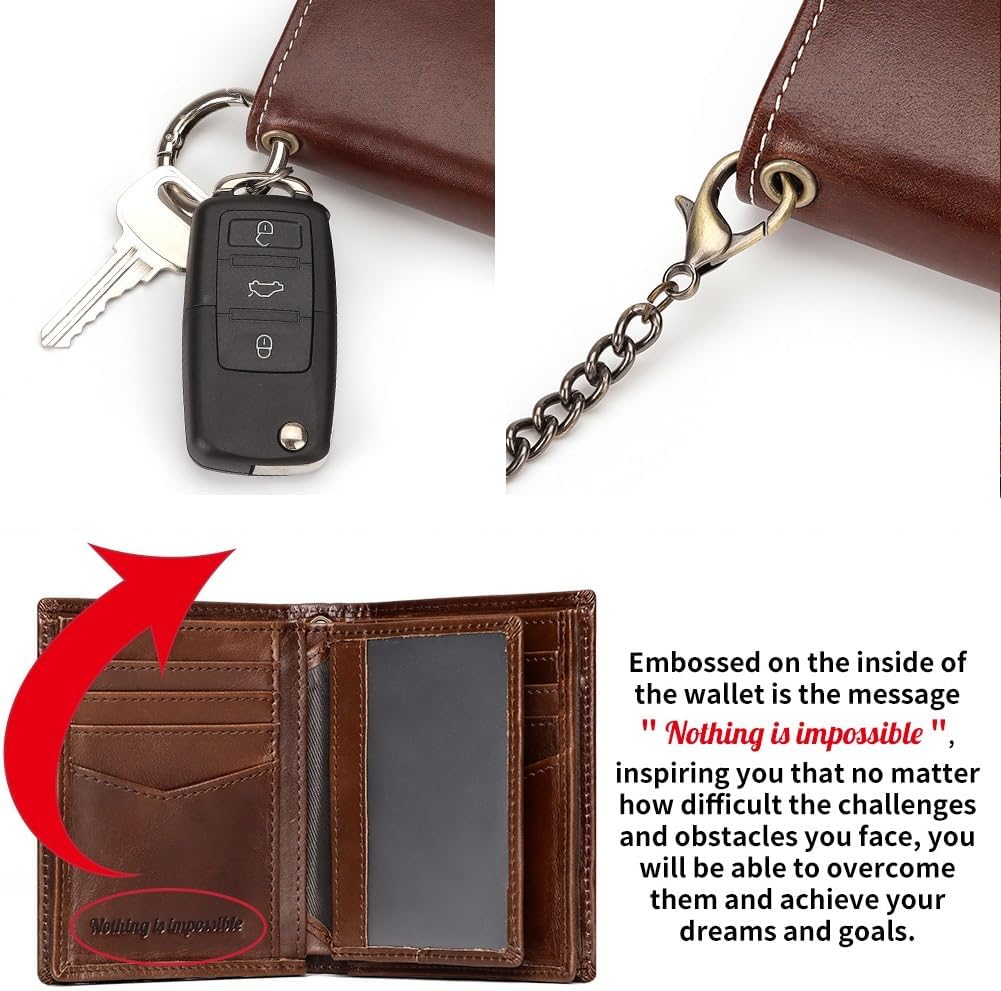 Holder for AirTag Men's Wallet Genuine Leather Purse RFID Blocking Bifold with Anti-Theft Chain,Brown with Gift Box (Brown)