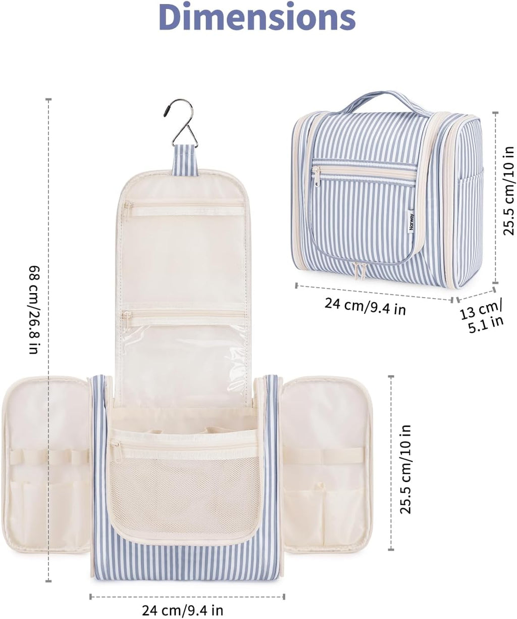 Narwey Striped Hanging Travel Toiletry Bag for Women, Travel Bag for Toiletries, Makeup Bag Organizer Cosmetic Bags Make Up Bags for Women (Greyish Blue Stripe)