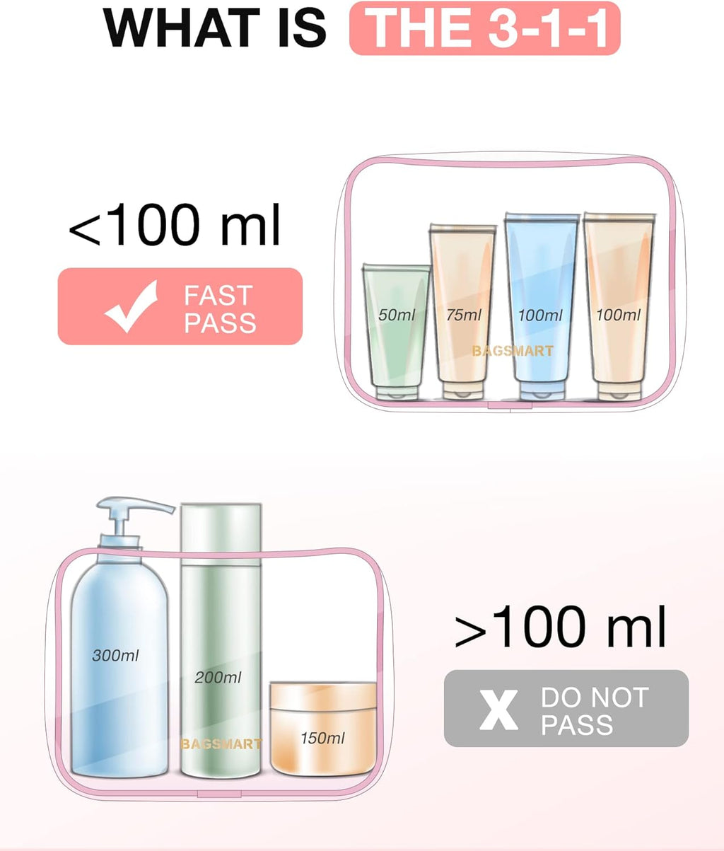 BAGSMART Clear Toiletry Bag, 2 Packs TSA Approved Water resistant Quart Size Travel Organizer, Airport Airline Travel Essential Carry On Makeup Cosmetic Bags for Women, Pink