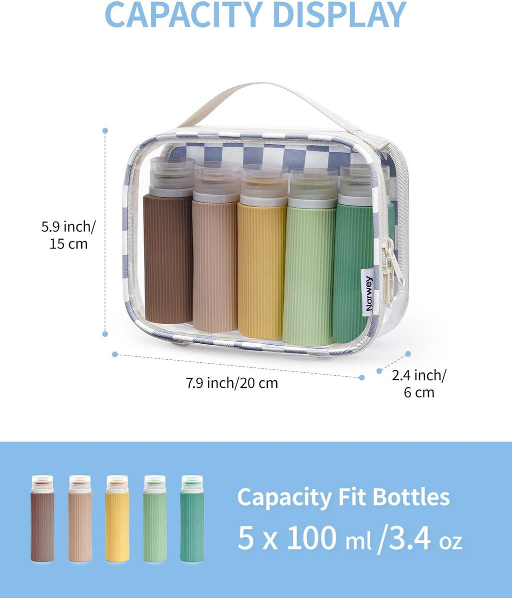 Narwey TSA Approved Clear Toiletry Bag for Travel, Waterproof PVC Clear Makeup Bags Portable Compact Cosmetic Bag Make Up Organizer Airport Airline Quart Size Compliant Bag (Grayish Blue Checkerboard)