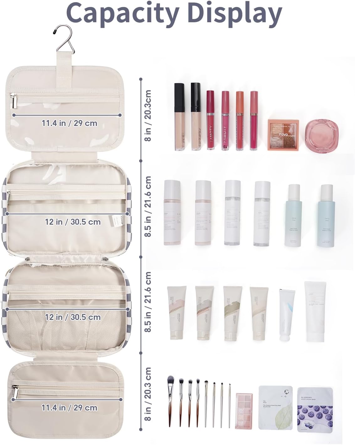 Narwey Travel Toiletry Bag for Women Large Hanging Makeup Bag Organizer Toiletries Bag for Full Size Essentials Accessories Cosmetics (Grayish Blue Checkerboard (Large))