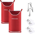 Hanging Laundry Hamper Bag Behind Door Hampers for Laundry Hanging Save Space Zipper Laundry Hamper Door Hanging with 2 PCs Stainless Steel Hooks Suction Hooks for Wall/Bathroom (Red-2Pack)