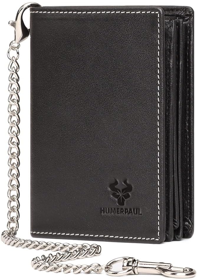 Holder for AirTag Men's Wallet Genuine Leather Purse RFID Blocking Bifold with Anti-Theft Chain,Black with Gift Box (BLACK)