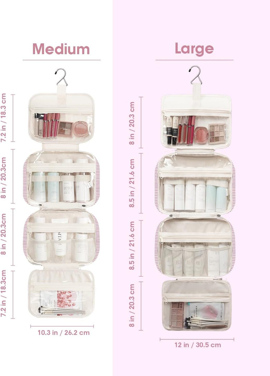 Narwey Striped Hanging Toiletry Bag for Women Travel Makeup Bag Organizer Toiletries Bag for Travel Size Essentials Accessories Cosmetics (Dusty Pink Stripe (Medium))