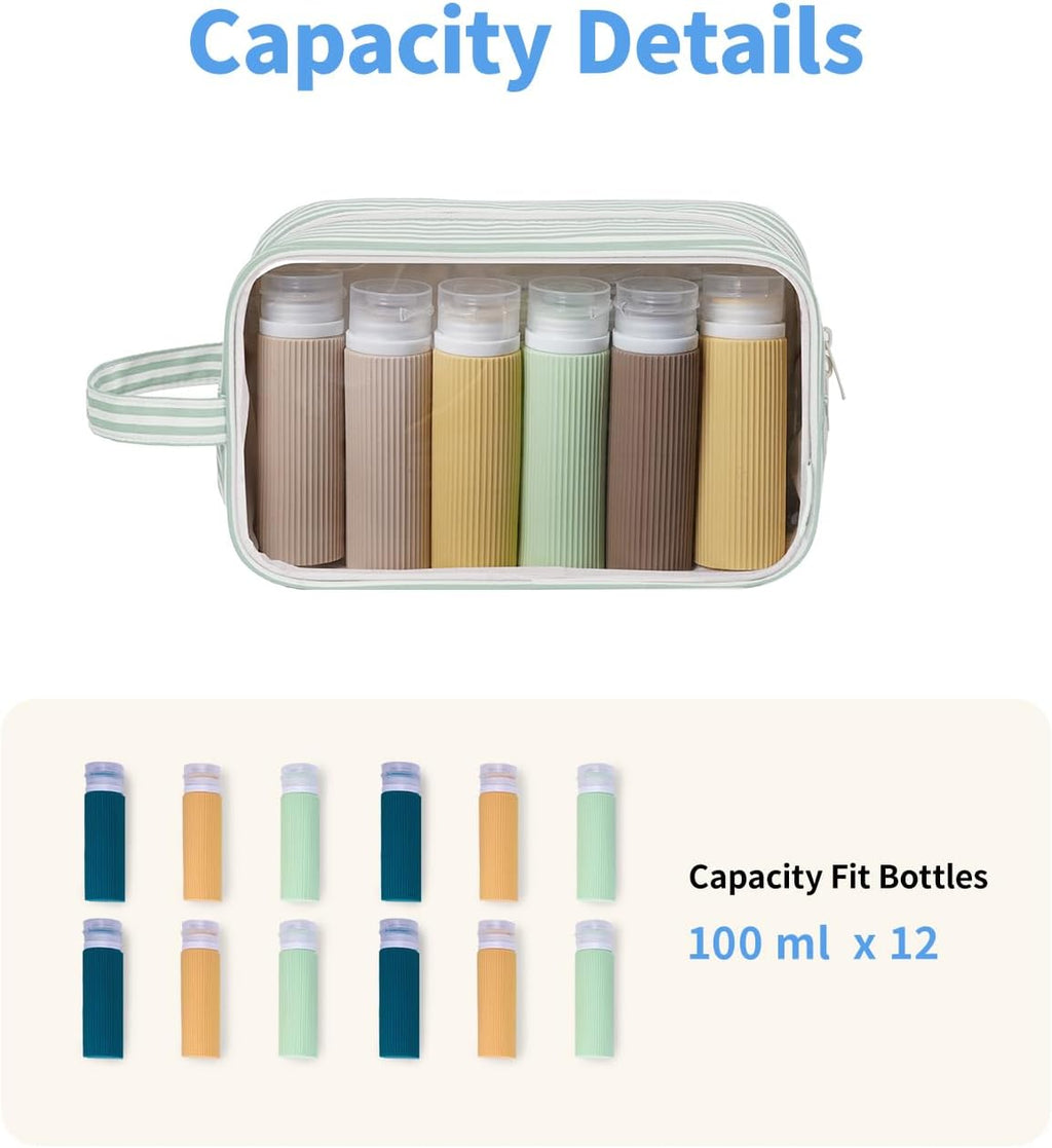 Narwey Clear Toiletry Bags for Traveling Women Men, Clear Travel Bags for Toiletries Makeup Bag Cosmetic Bag with Zipper, Make Up Organizer, Skincare Bag (Mint Green Stripe)