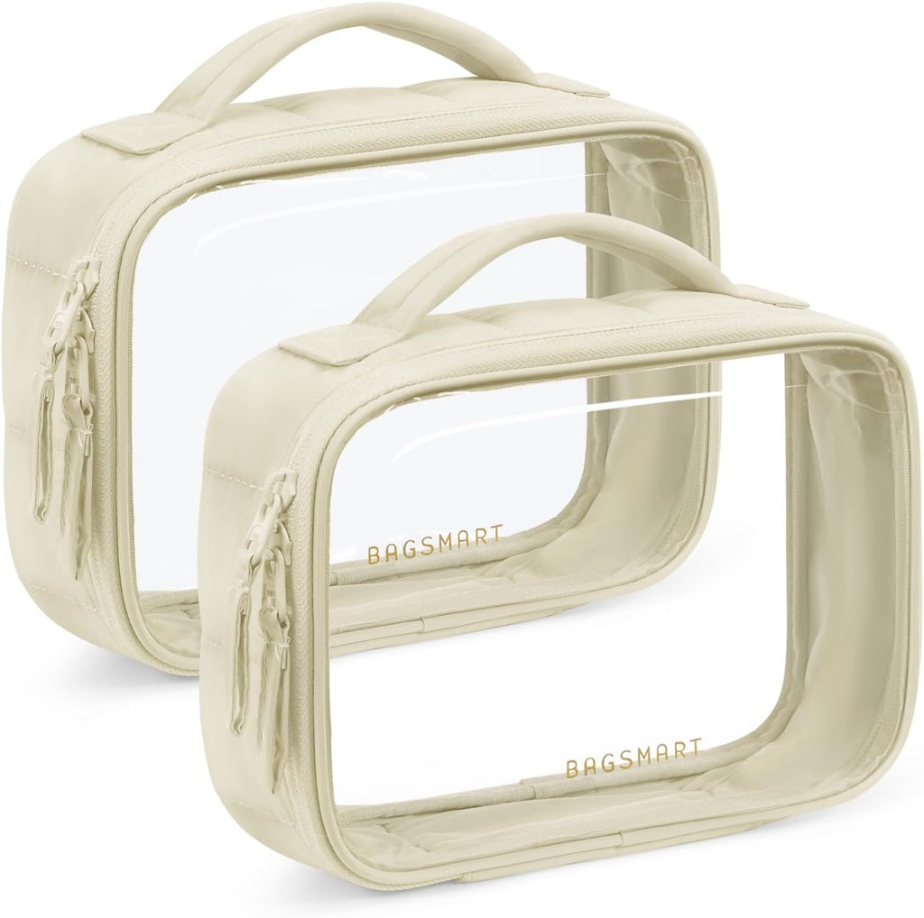 BAGSMART 2 Pack Clear Toiletry Bag, Puffy Edges TSA-Approved Travel Toiletry Bag, Large Opening with Handle, Cosmetic Organizer with Double Zipper for Women