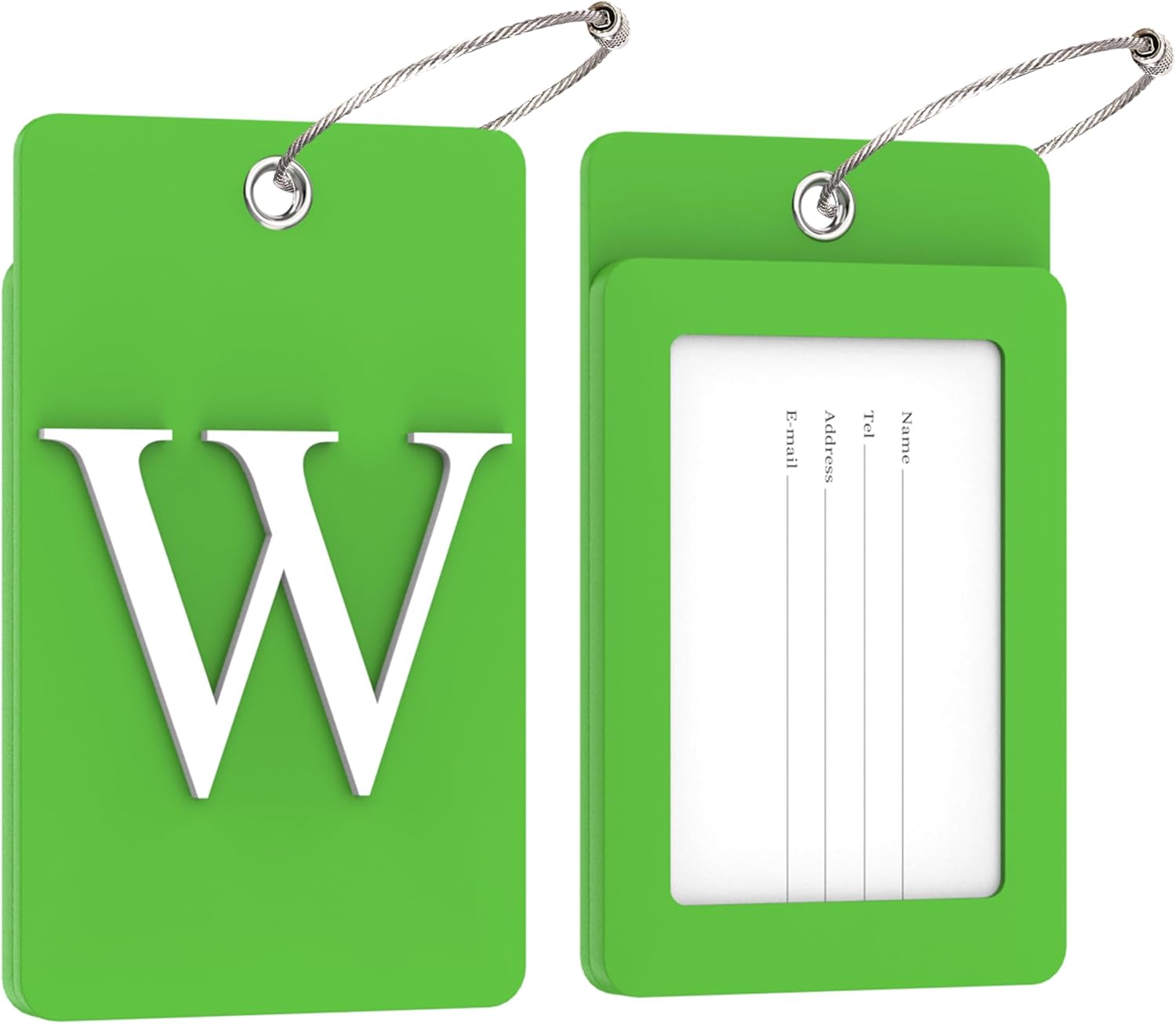 Gostwo 2 Pack Luggage Tags for Suitcases, 26 Initial Letter Travel Luggage Baggage Identification Labels ID Tag Fully Bendable Tags with Stainless Steel Loop (Green) (Letter W)