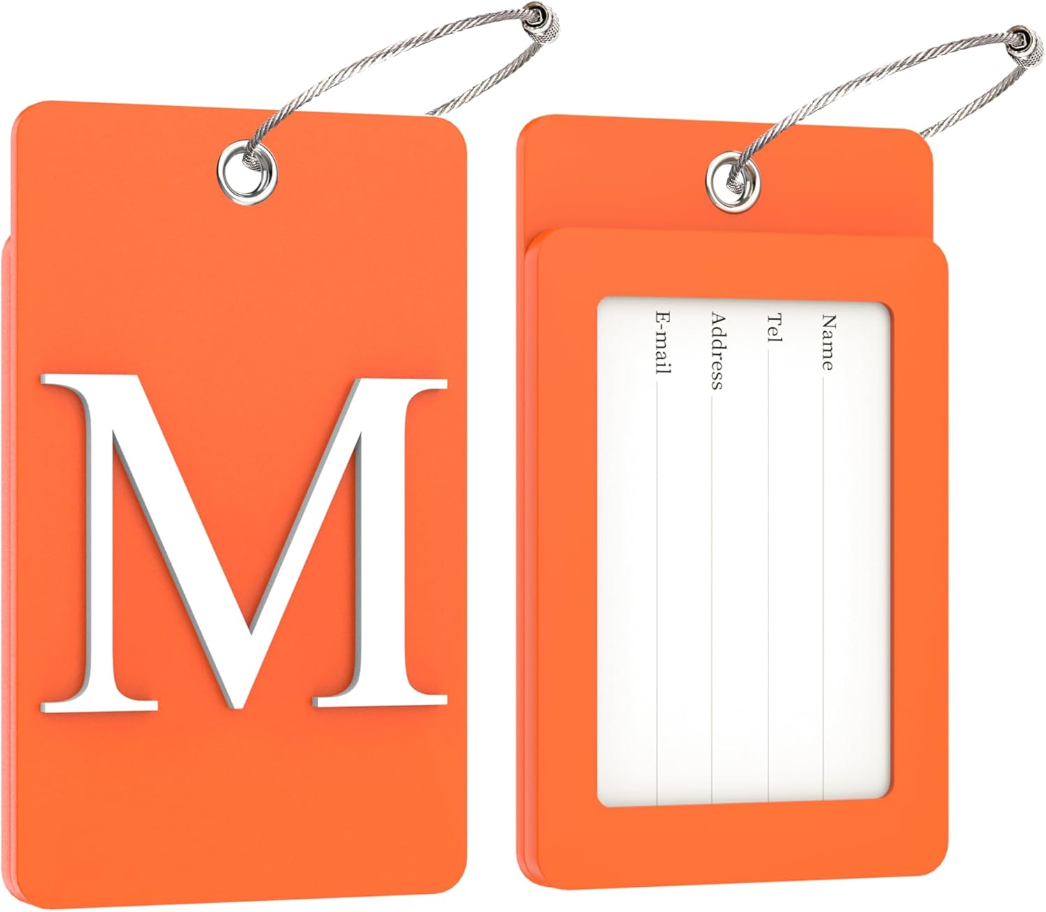 Gostwo 2 Pack Luggage Tags for Suitcases, 26 Initial Letter Travel Luggage Baggage Identification Labels ID Tag Fully Bendable Tags with Stainless Steel Loop (Orange) (Letter M)