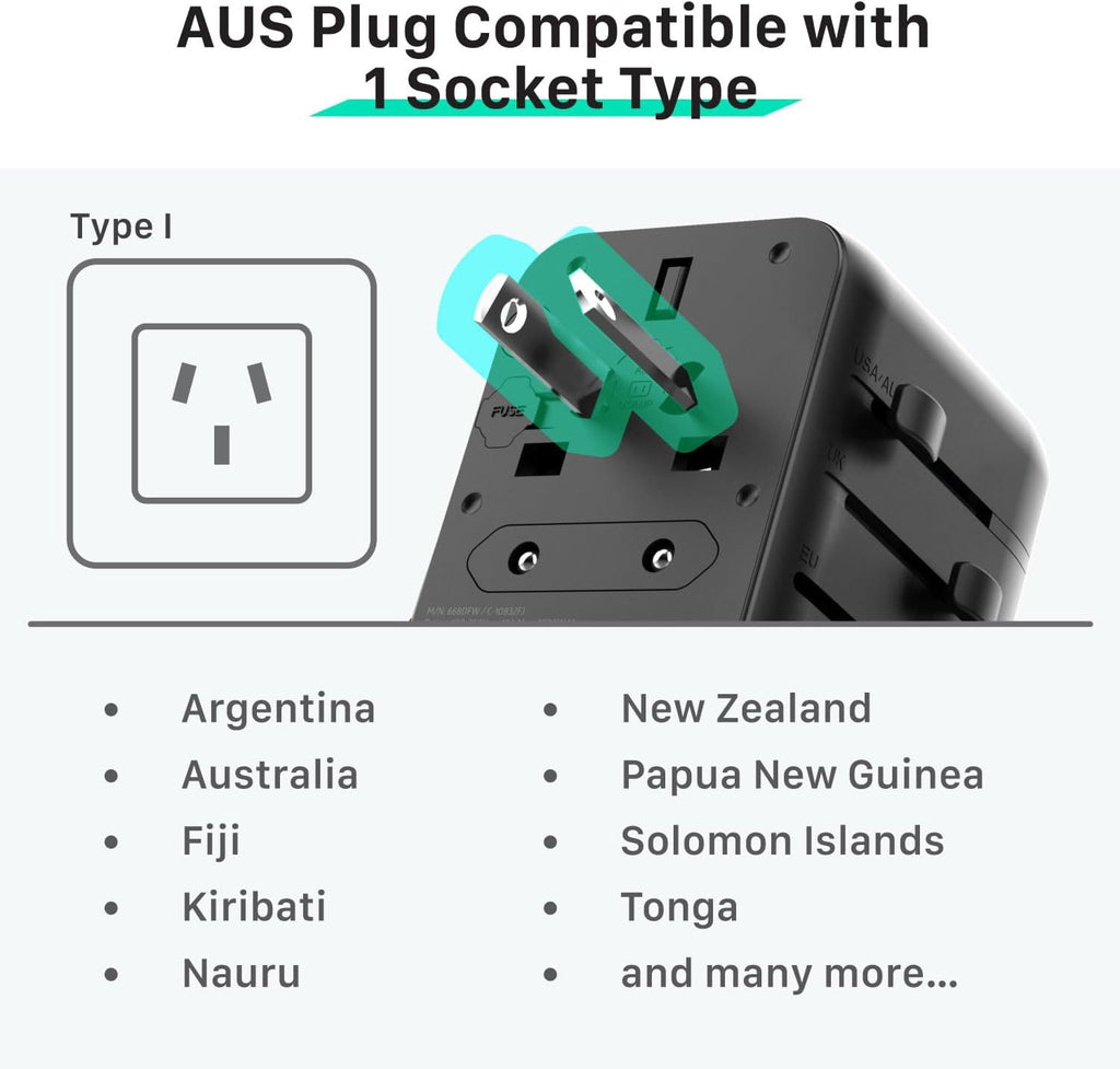 Fosmon Universal Travel Adapter Worldwide with Built-in USB C Cable, 35W GaN III/PD Fast Charging International Travel Plug Adapter, 6 in 1 Power Charger Outlet with 4 USB Ports for US to EU UK AUS
