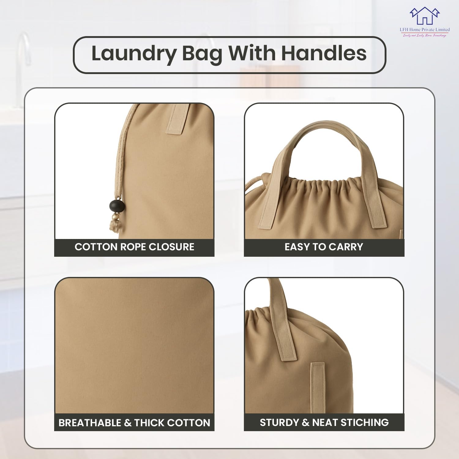 LFH Home Cotton Canvas Large Laundry Bag with Handle, Heavy Duty Drawstring Closure Washable Laundry Bags, School Travel, Home, Hotel, College Dorm, Organizer Sack, Toys Clothes 20x30-Beige