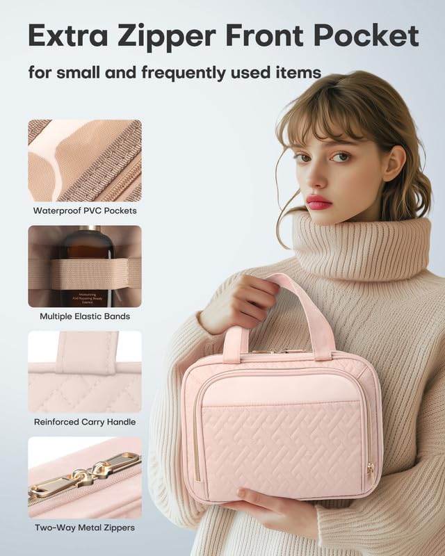 HOTOR Travel Toiletry Bag for Women & Men, Waterproof Makeup Bag with Hanging Hook and Multiple Pockets, Cosmetic Bags for Women, Travel Essentials, 12.6'' x 4.3'' x 9.9'', Pale Pink