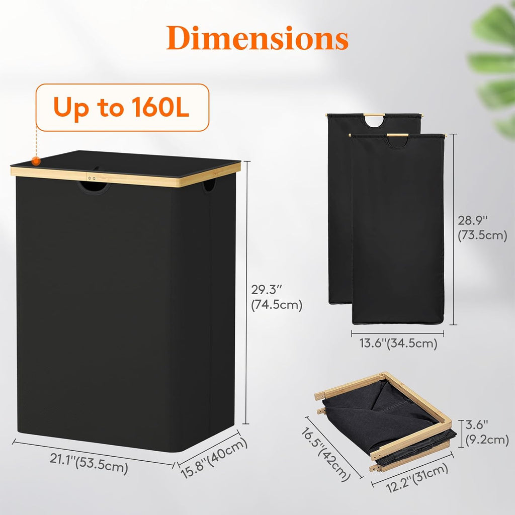 Lifewit 160L Double Laundry Hamper with Lid, Extra Large Bamboo Laundry Basket Dirty Clothes Hamper, 2 Section Laundry Bin Organizer for Laundry Room Bedroom with 2 Removable Liners & Bags, Dark Black