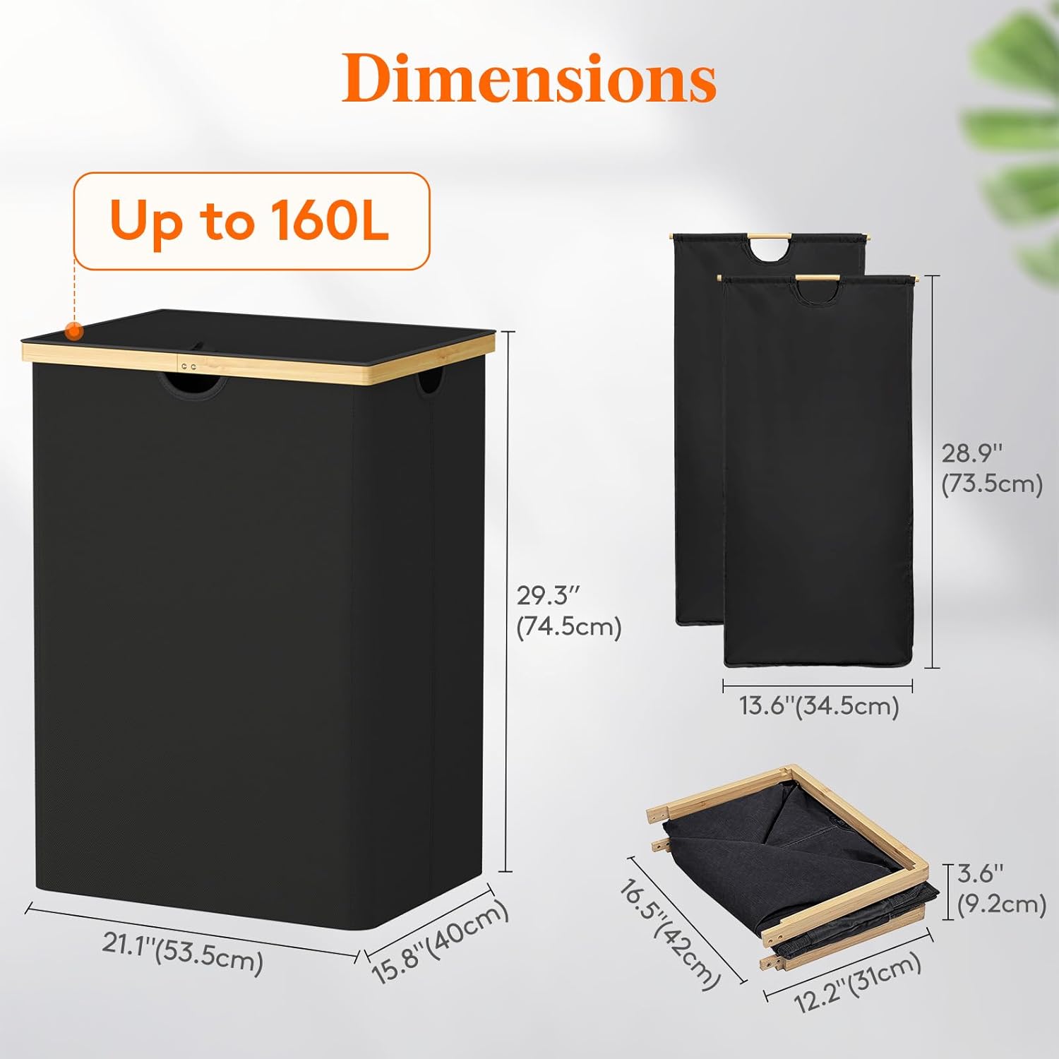 Lifewit 160L Double Laundry Hamper with Lid, Extra Large Bamboo Laundry Basket Dirty Clothes Hamper, 2 Section Laundry Bin Organizer for Laundry Room Bedroom with 2 Removable Liners & Bags, Dark Black