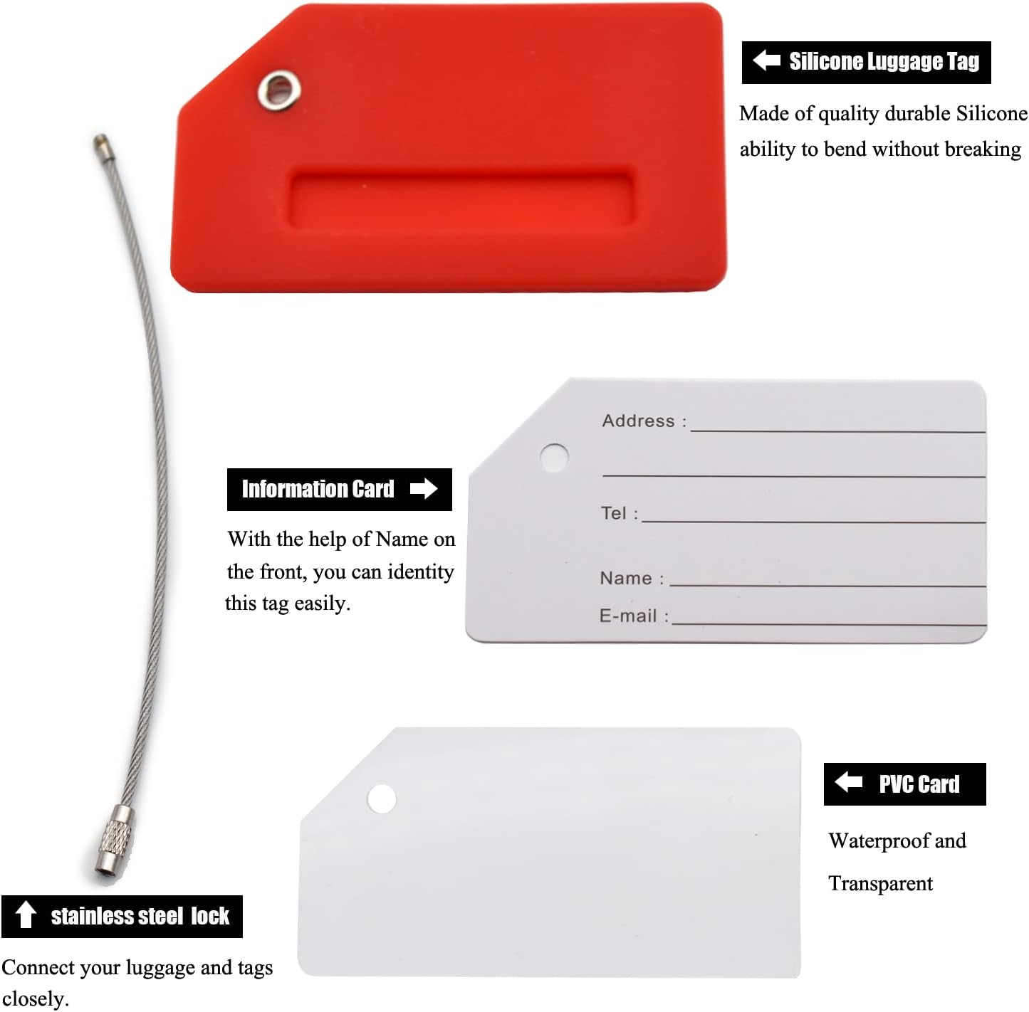 7 Pack Silicone Luggage Tag Baggage Handbag Travel Suitcase Tags with Name ID Card Perfect to Quickly Spot Luggage Suitcase (Red