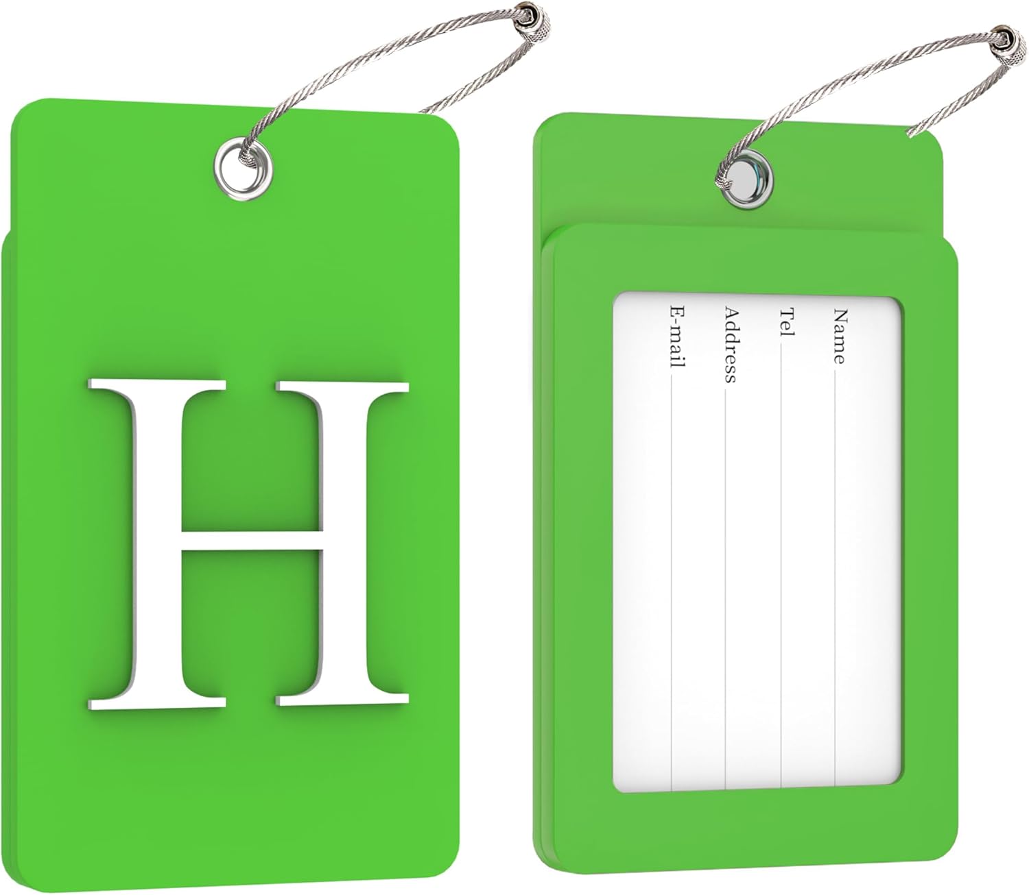 Gostwo 2 Pack Luggage Tags for Suitcases, 26 Initial Letter Travel Luggage Baggage Identification Labels ID Tag Fully Bendable Tags with Stainless Steel Loop (Green) (Letter H)