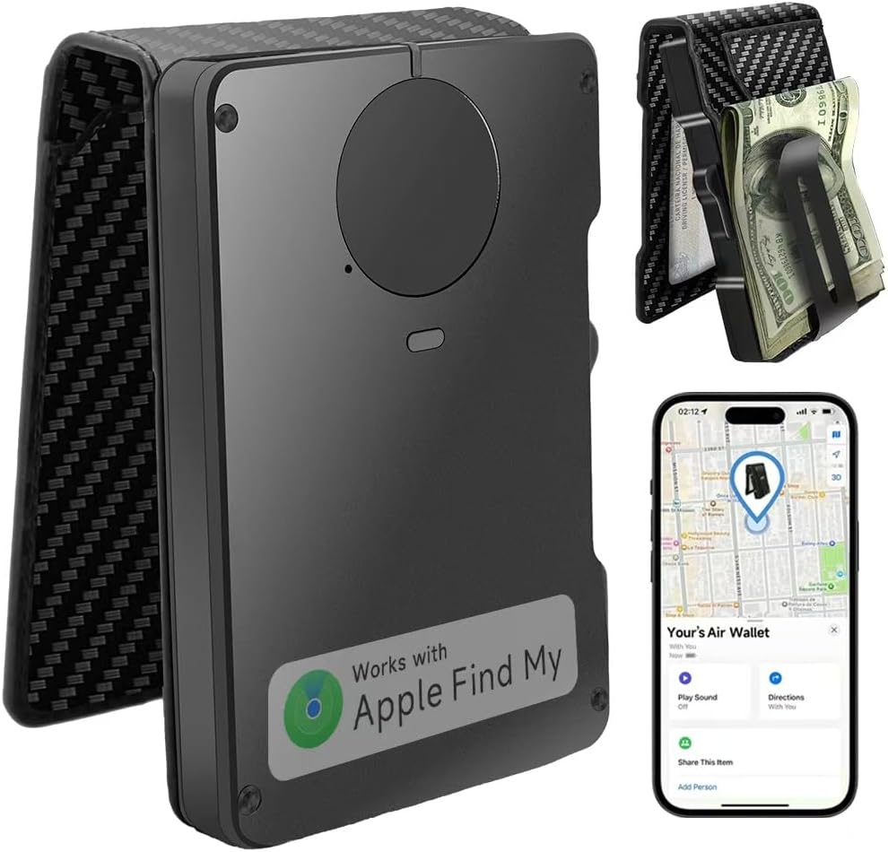 Zeeker Mens Air Wallet, with Smart Tracker, RFID Blocking Credit Card Clip, Bi-Fold Minimalist Wallet, Compatible with Apple Find My IOS Only, Replacement AirTag Chip(Carbon Fiber Pattern)
