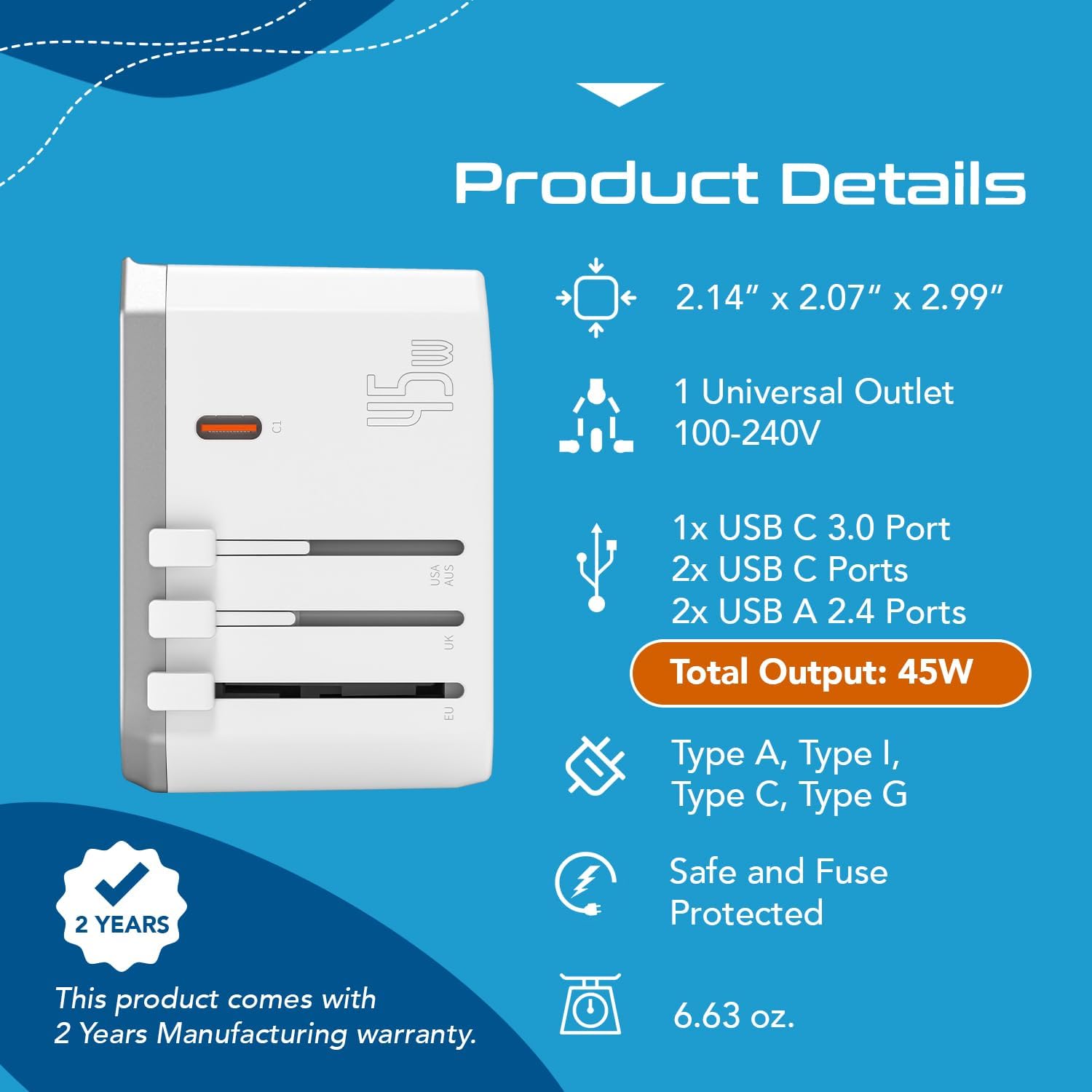 Ceptics 6-in-1 Universal Travel Adapter with 2X USB-A and 3X USB-C, 45W for Global Use, Compatible with US, EU, UK & More, White