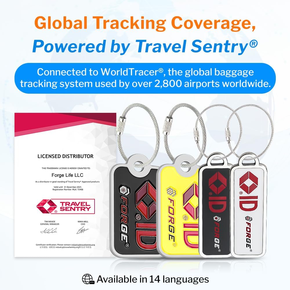 Forge Lost and Found Luggage Tags, Global Luggage Tracking Tag, WorldTracer Compatible, Travel Sentry Powered Baggage ID System for Luggage, Bags, Suitcases, and More (Black 2 PK Small)